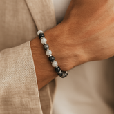 Men's Strength and Wisdom Bracelet with Larvikite, Belomorite (Moonstone), Hematite and Silver